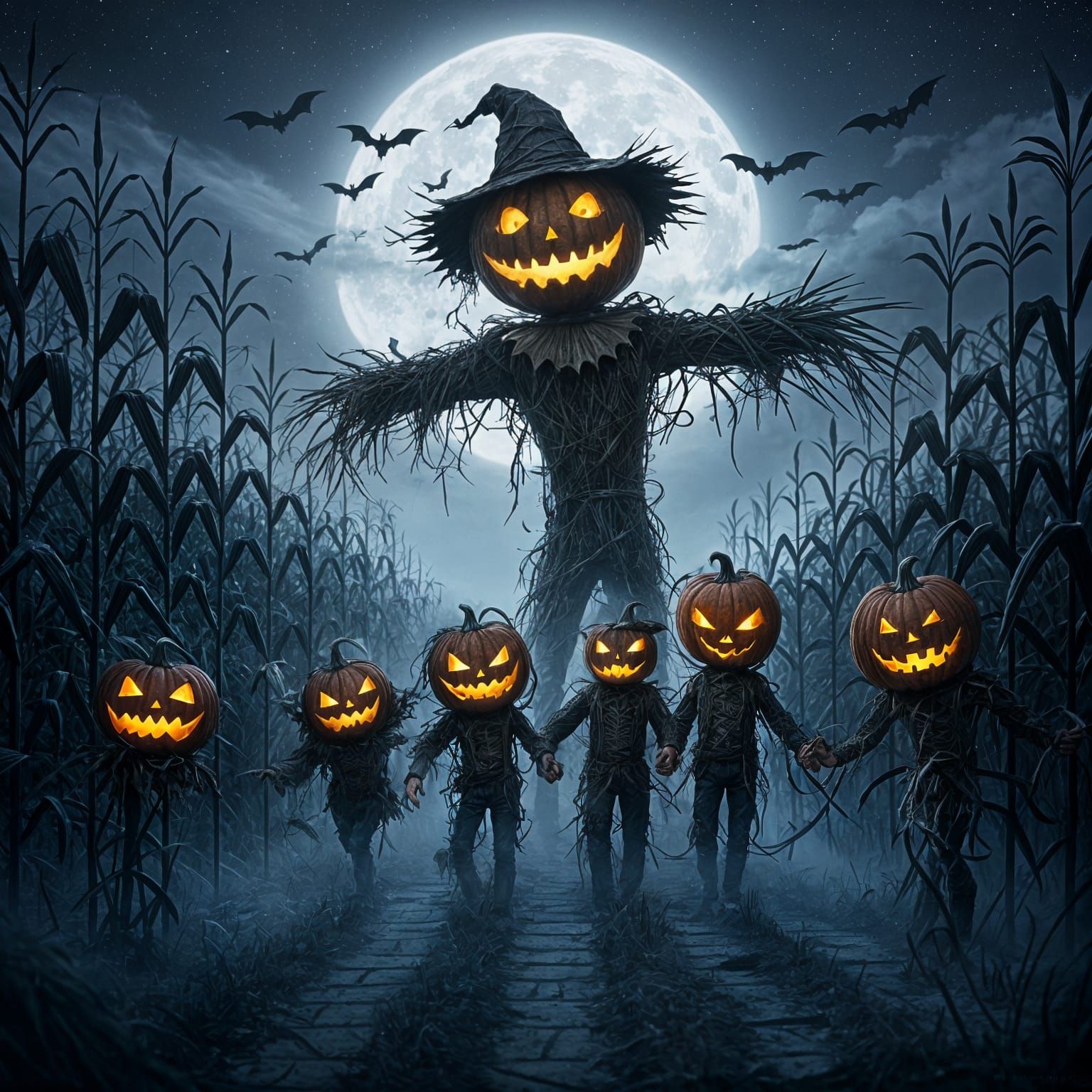 Haunted Corn Maze with Pumpkin Creatures and Eerie Moon