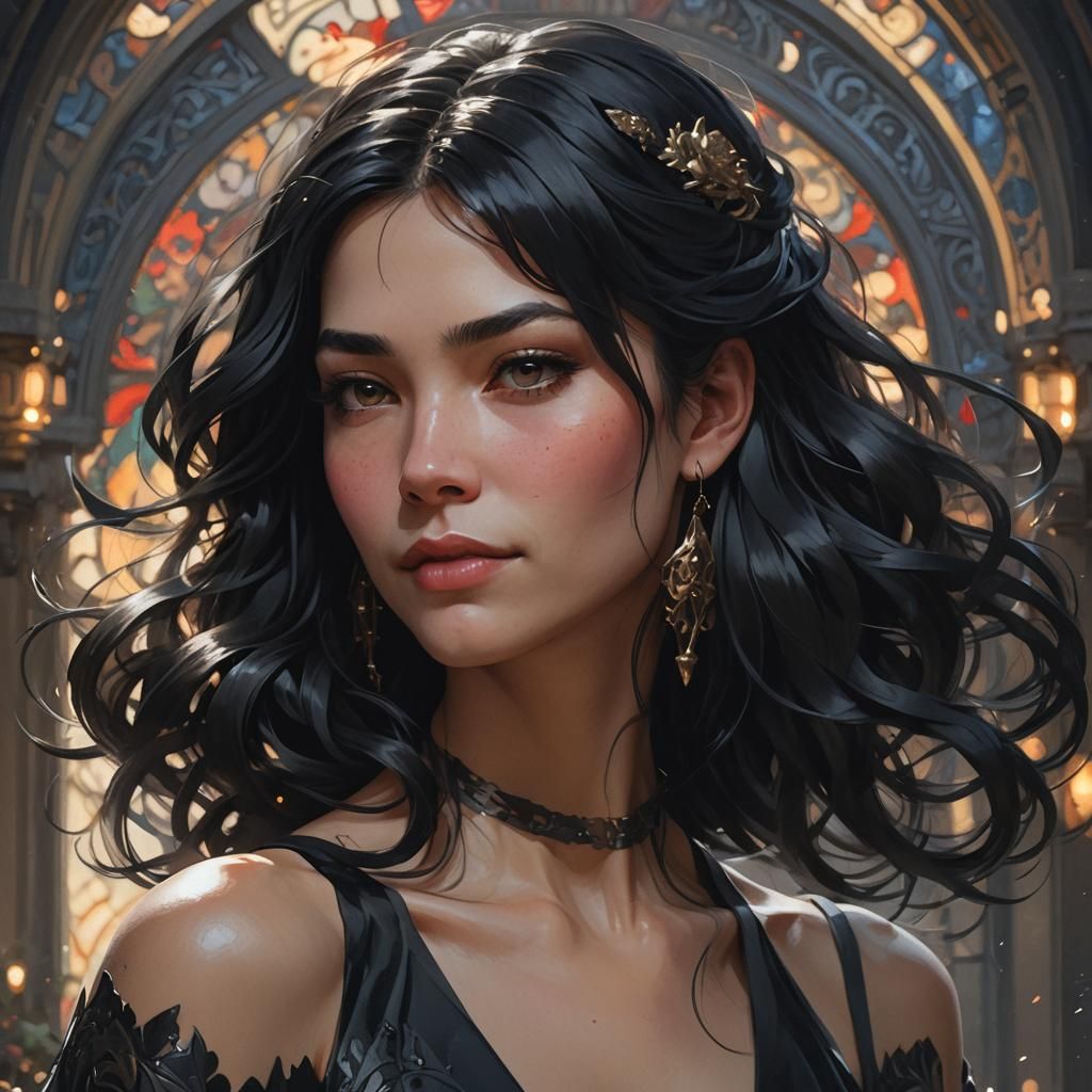 Intricate Portrait of Woman in Black Dress