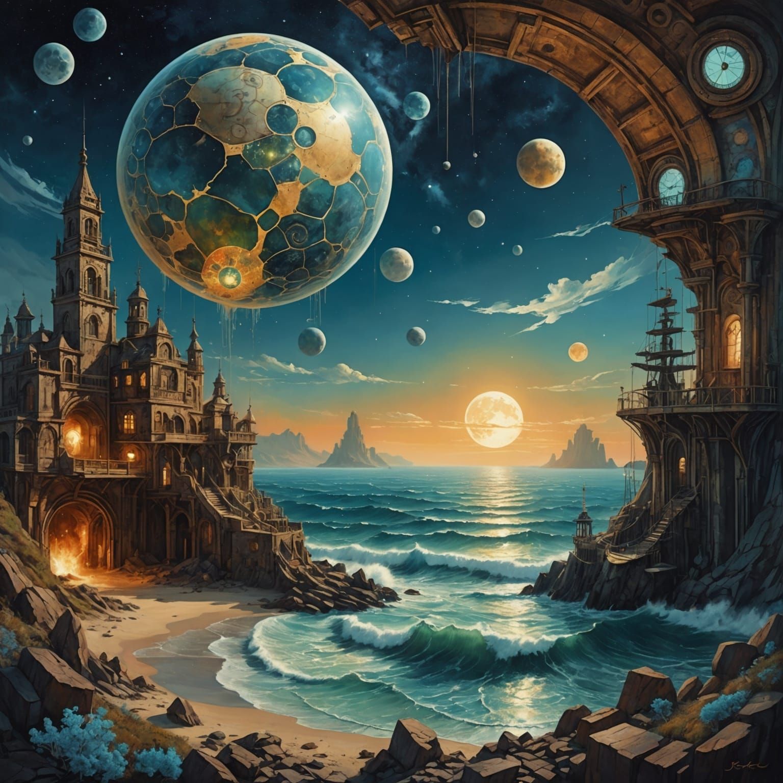 Steampunk Moonscape: An Artistic Seascape Painting