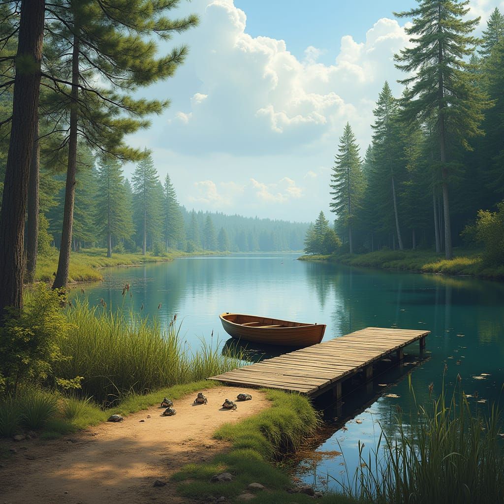 Hyper Realistic Lake Landscape with Pine Trees and Wooden Do...