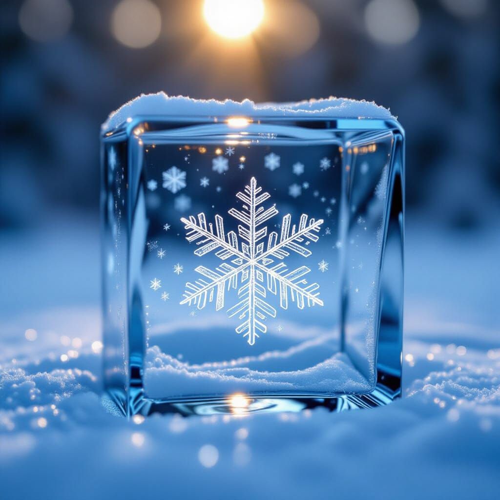 Snowflake in a glass cube