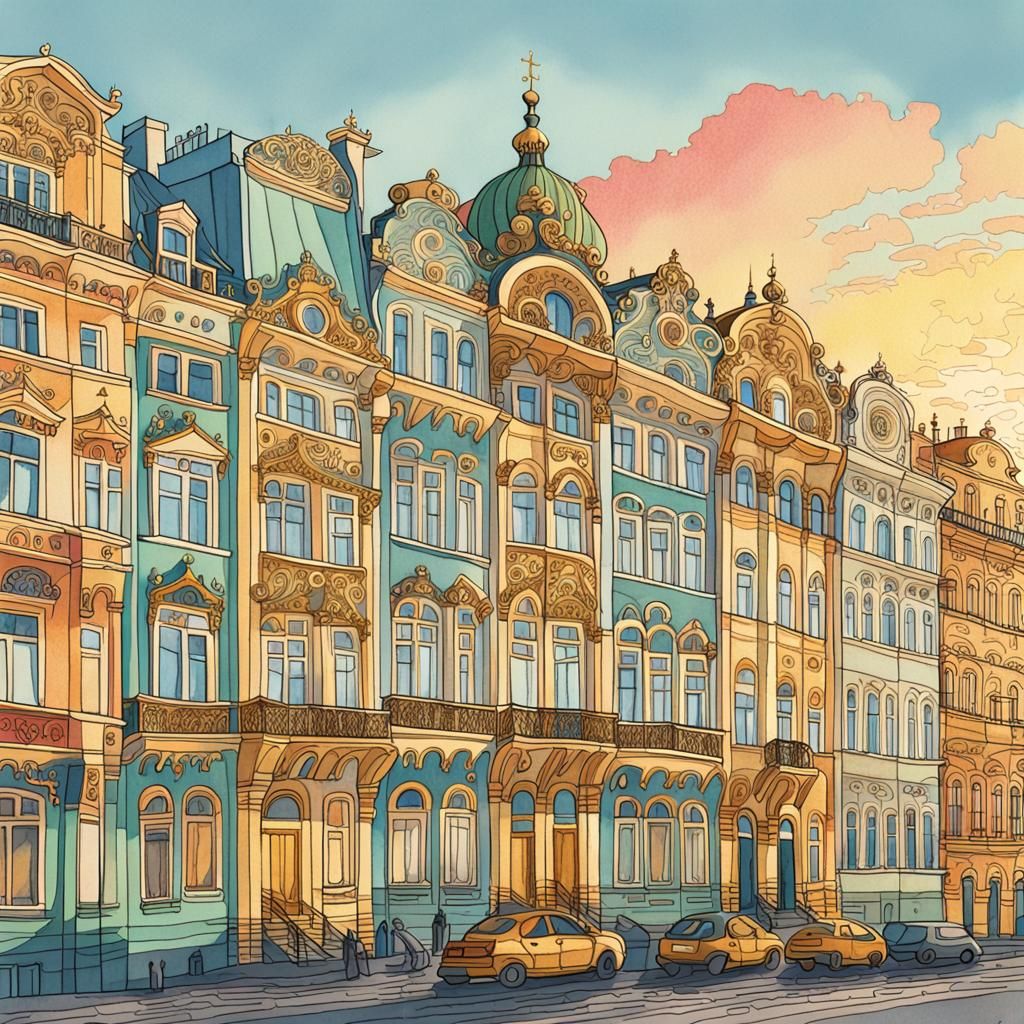 Colorful Saint Petersburg Skyline in Watercolor Style