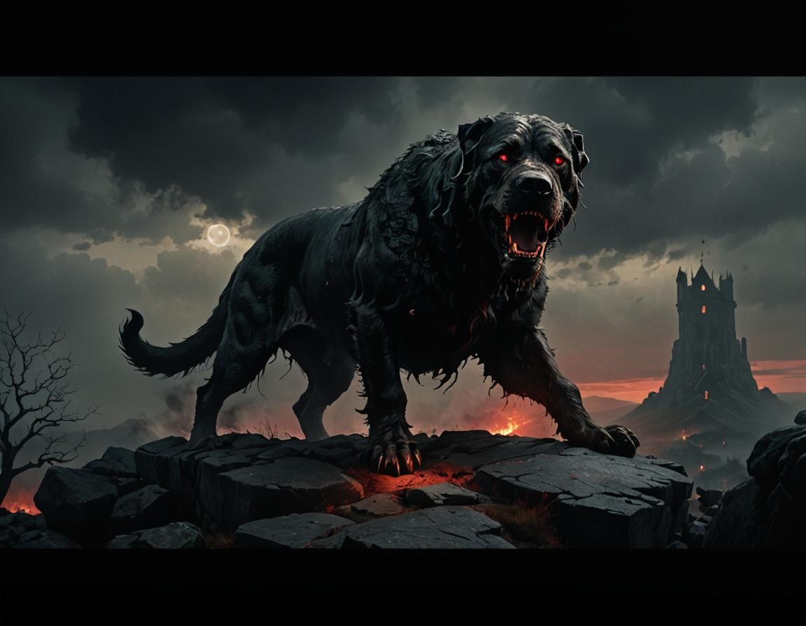 Hound of the Baskervilles on a Tor in Gothic Horror Style