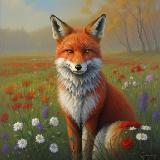 Flowers and Fox in Oil Painting Style