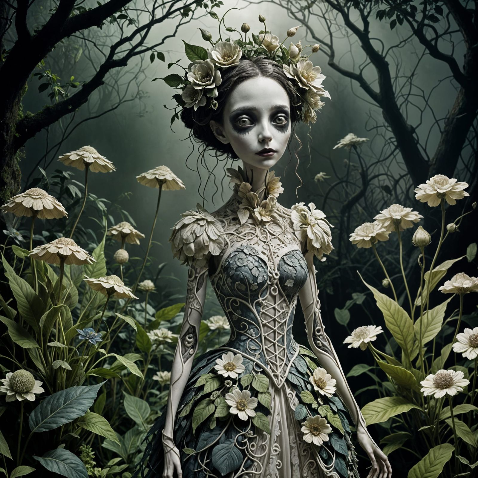 Surreal Plant Creature with Porcelain Head in Whimsical Gard...