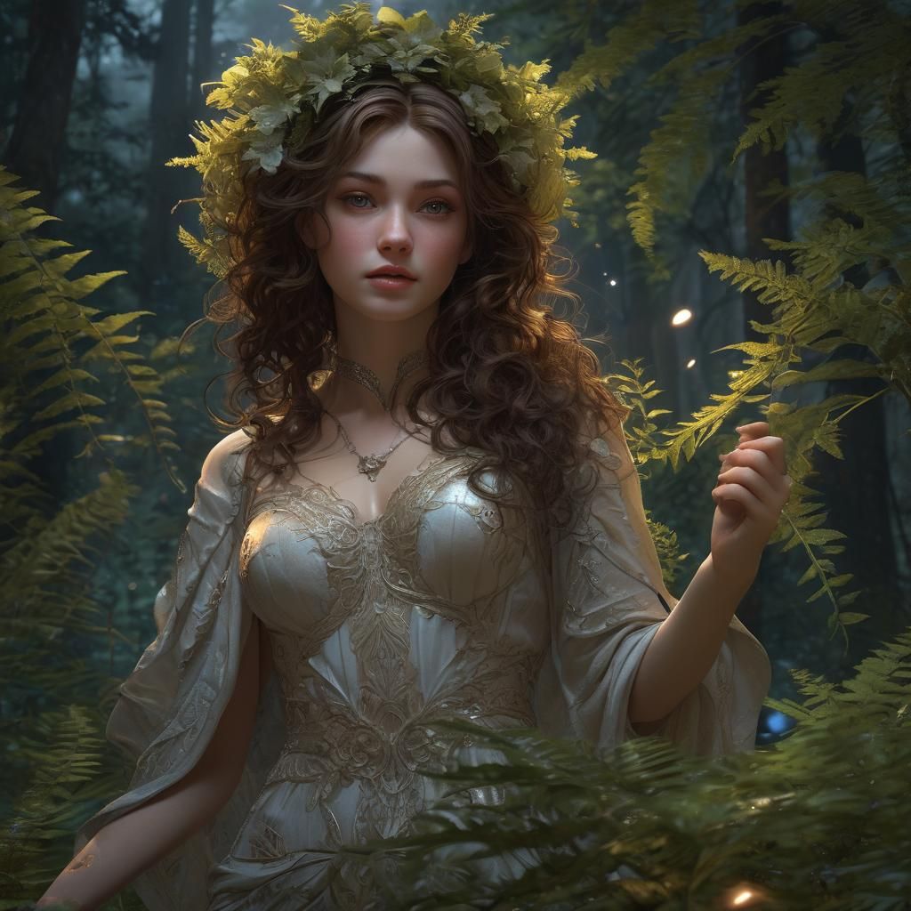 Ethereal Woman in Moonlit Forest, Fern in Hand