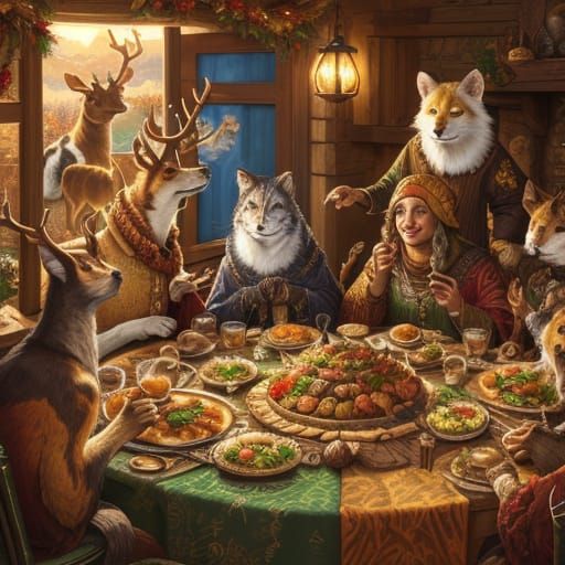 Animals Feast in Golden Hour Fantasy Celebration