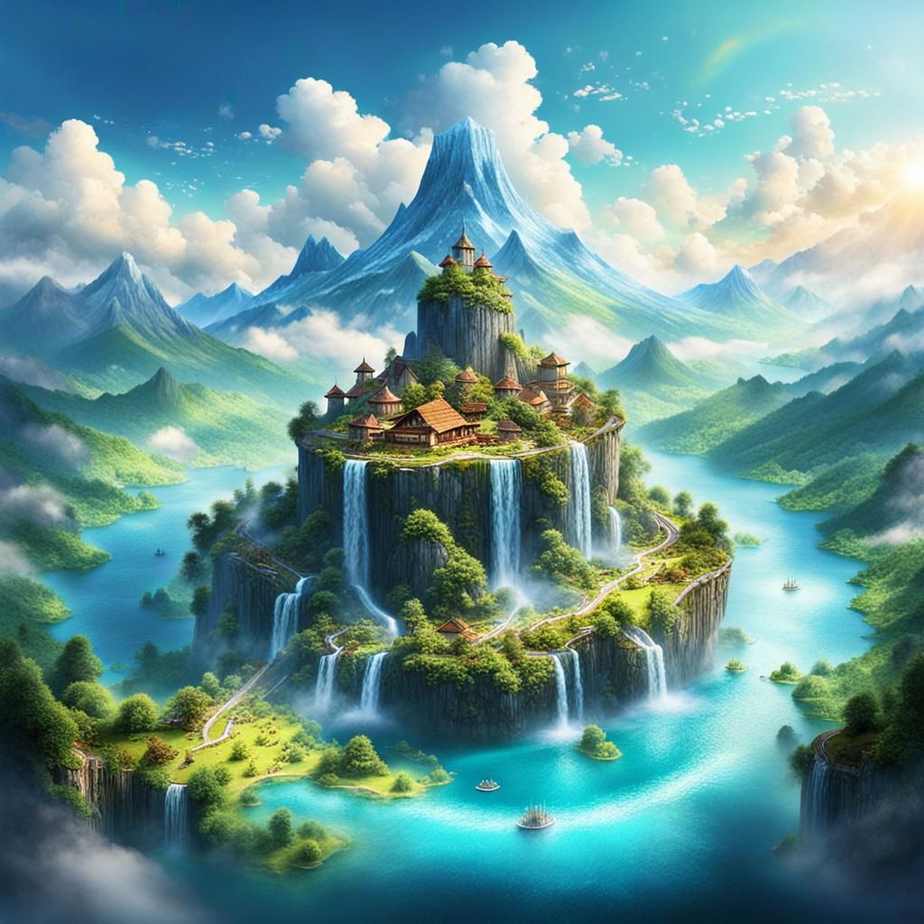 Dreamy Floating Island in Misty Mountains