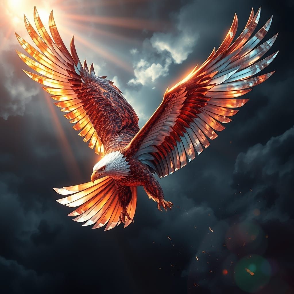 Ethereal Eagle in Iridescent Glass Wings Soars Against Turbu...