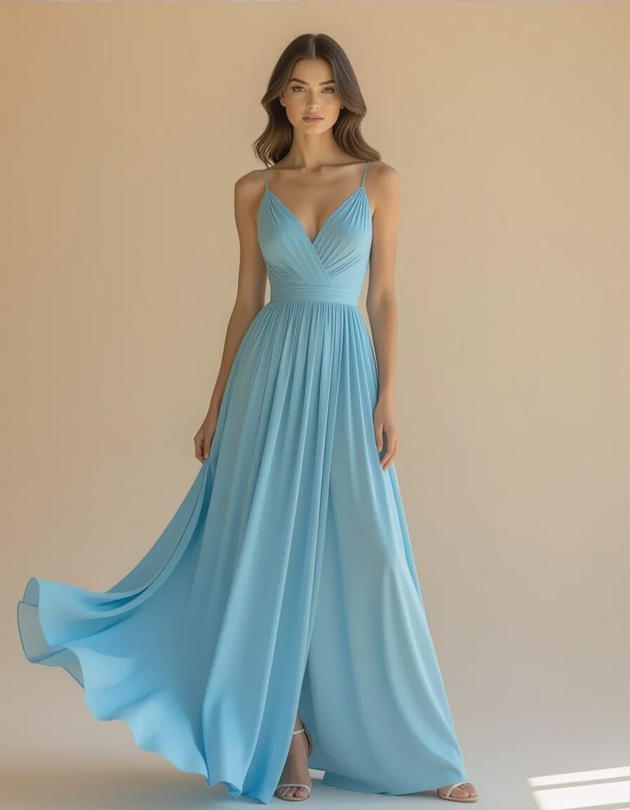 Elegant Woman in Flowing Sky Blue Dress Fashion Shoot