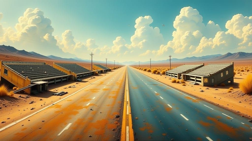 Ethereal Desert Highway Scene in Moody Film Noir Style