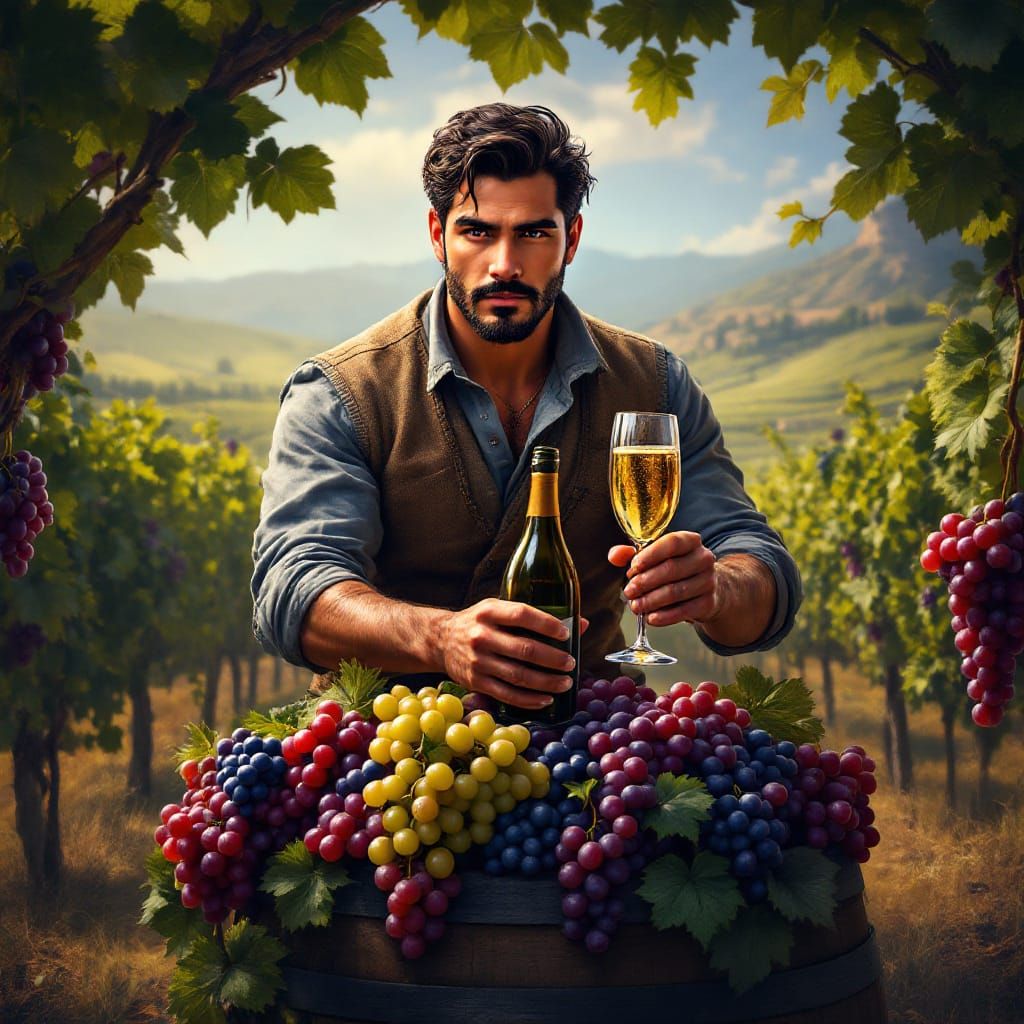 Latino Man with Grapes in Vineyard Setting