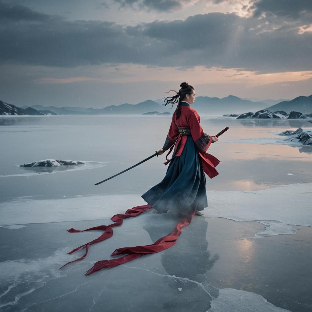 Korean Assassin on Frozen Ocean in Neo-Noir Fantasy Style