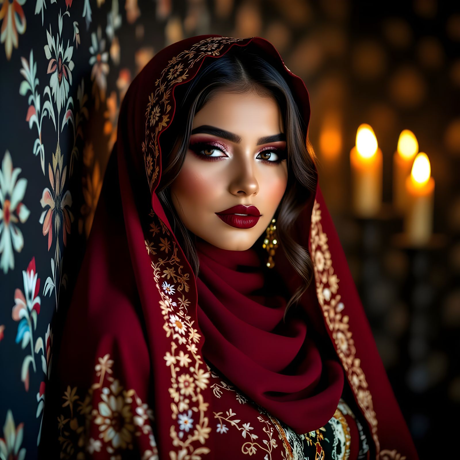 Latina Woman in Burgundy Hijab with Candlelight