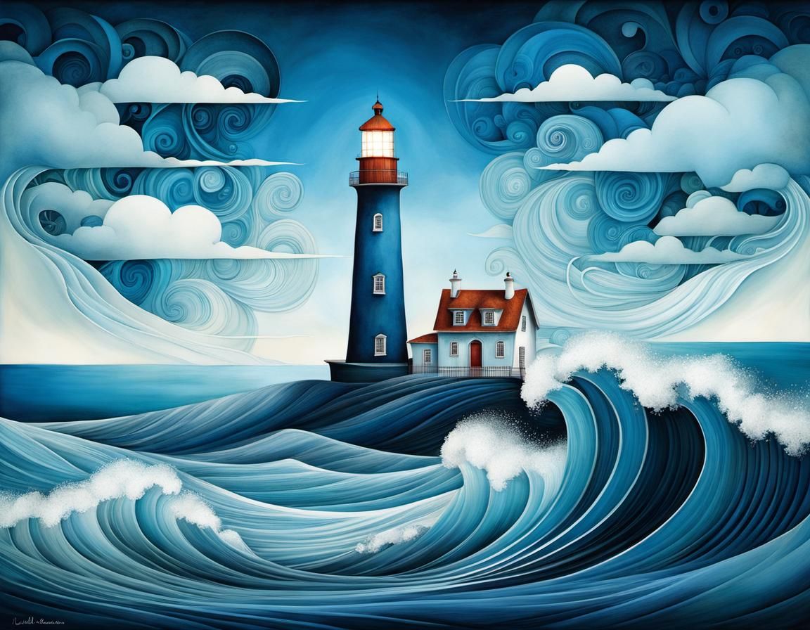 Fantastical Lighthouse Painting in Blue Shades