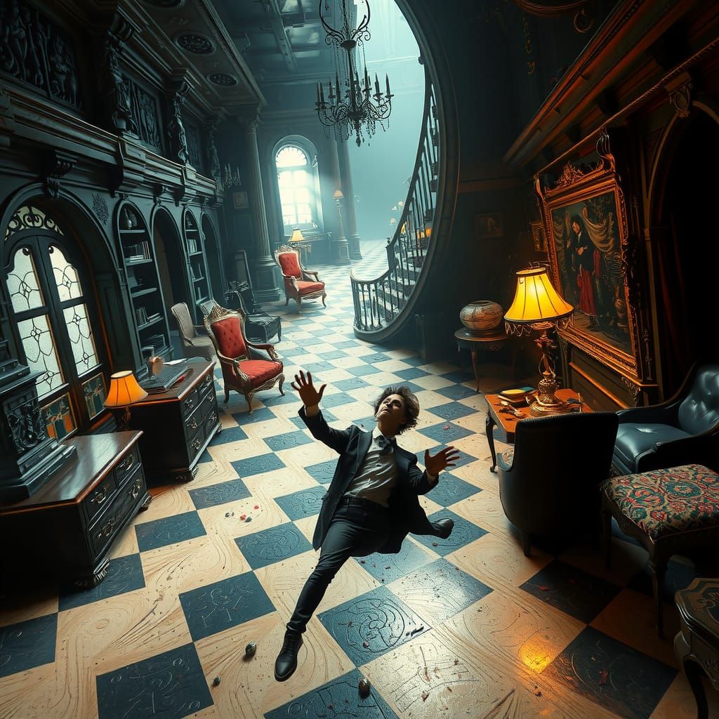 Surreal Vertigo Interior with Sloping Checkered Floor