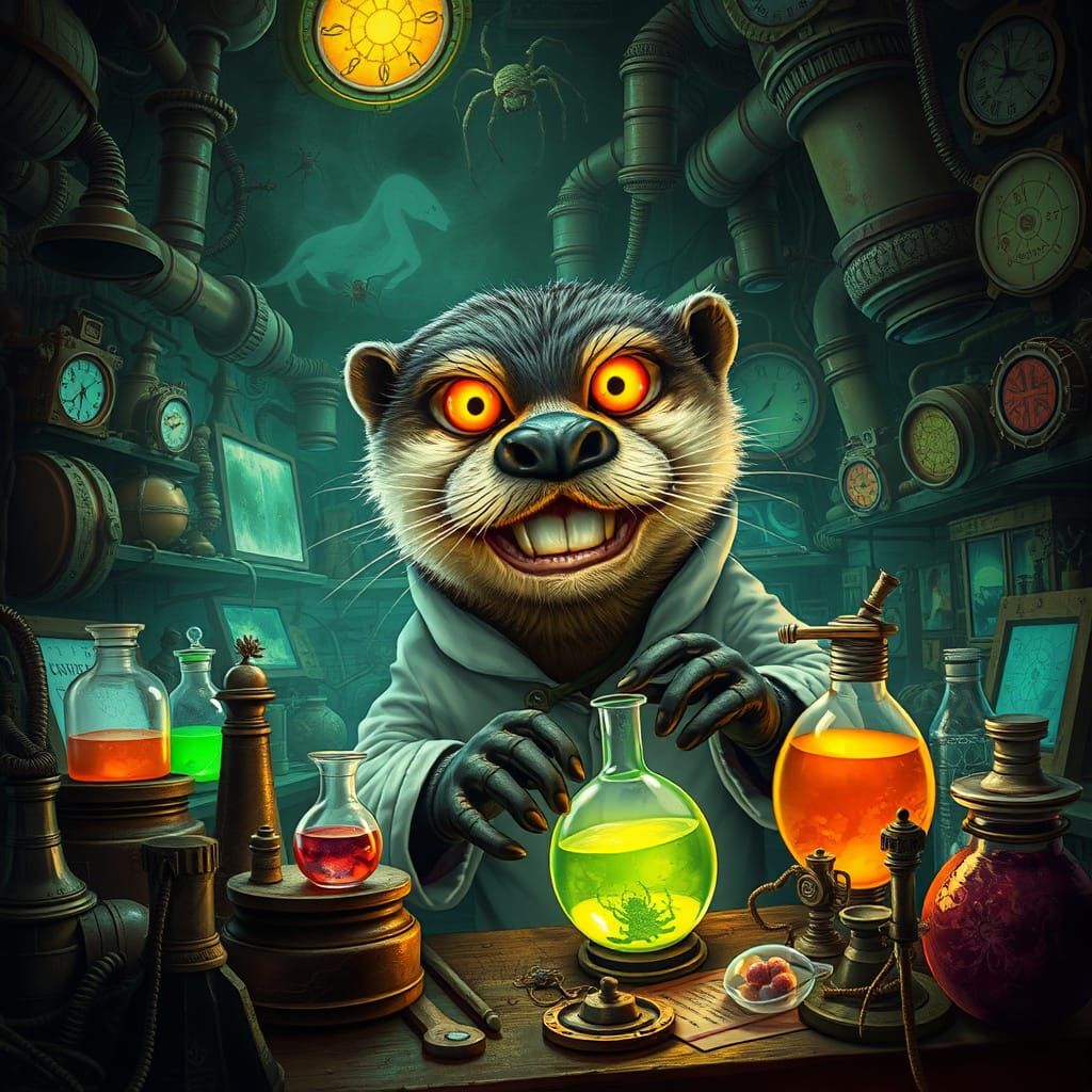 Mad Scientist Otter in Steampunk-Cyberpunk Lab