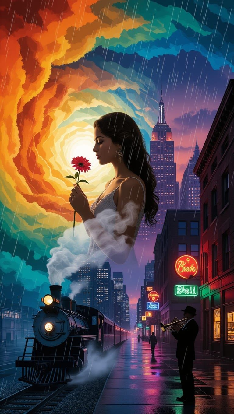 Dreamlike Double Exposure: Nature Meets Urban Jazz