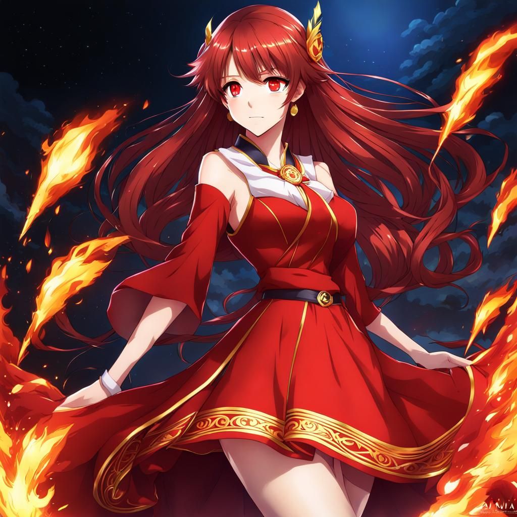 Anime Girl with Ember Hair and Golden Eyes