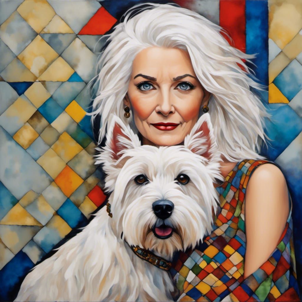 Westie with Elegant Woman in Art Deco Style
