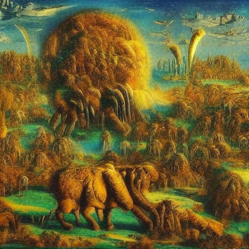 Dreamlike Surrealist Landscape with Clock and Elephants