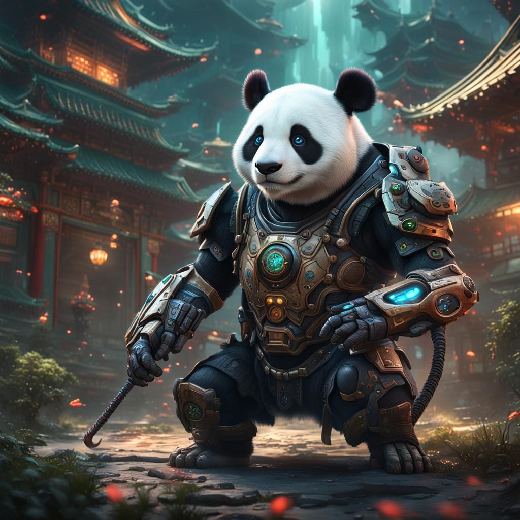 Detailed Cyborg Panda Digital Art