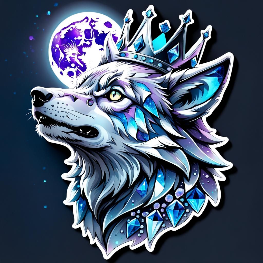 Majestic Crystalline Wolf Howling at Moon, 3D Render