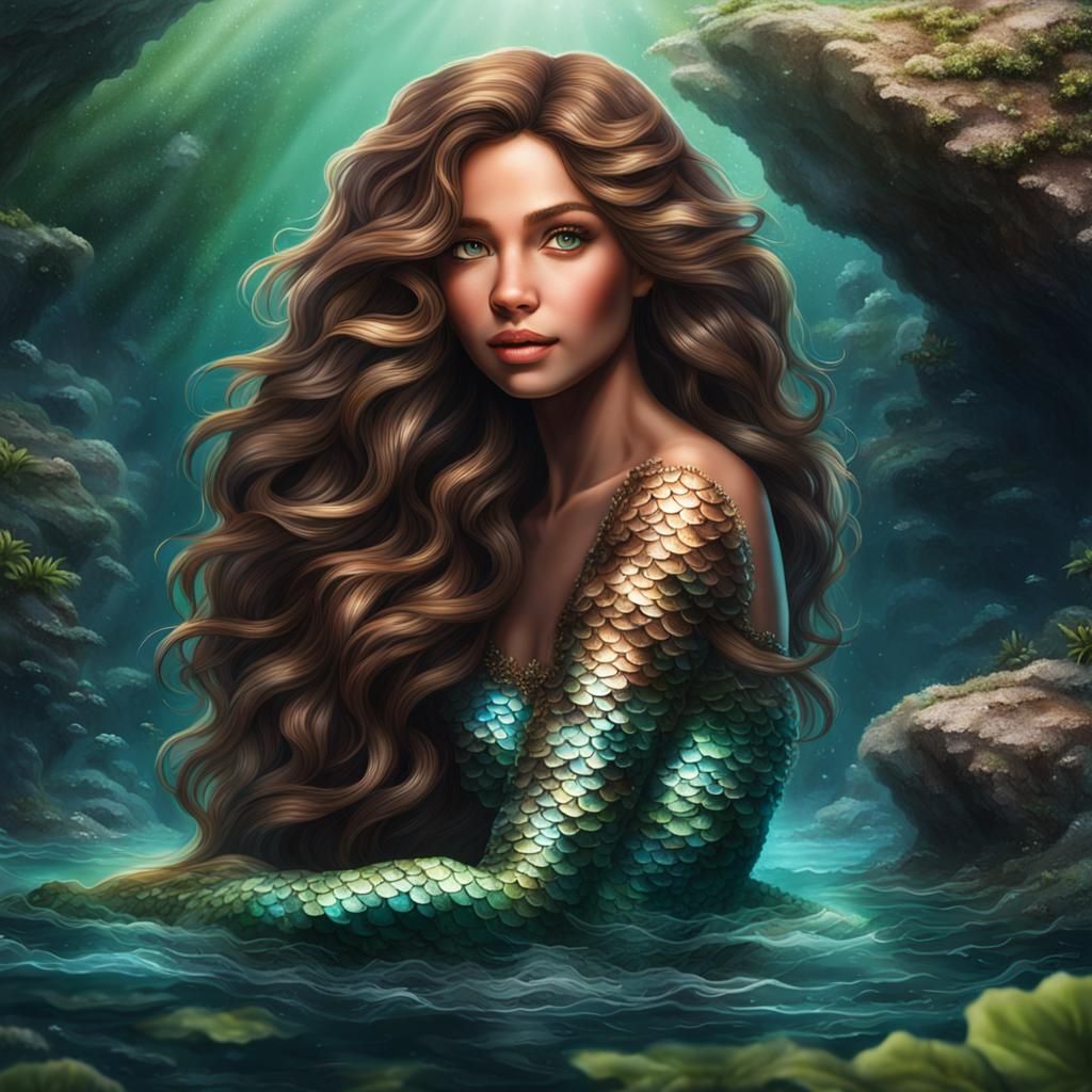 Beautiful Mermaid with Brown Hair on a Rock