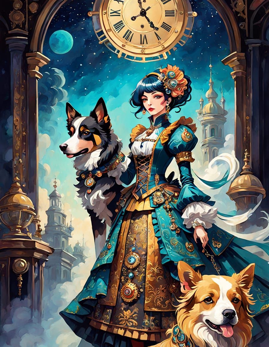 Elegant Woman in Opulent Baroque Style with Loyal Companion