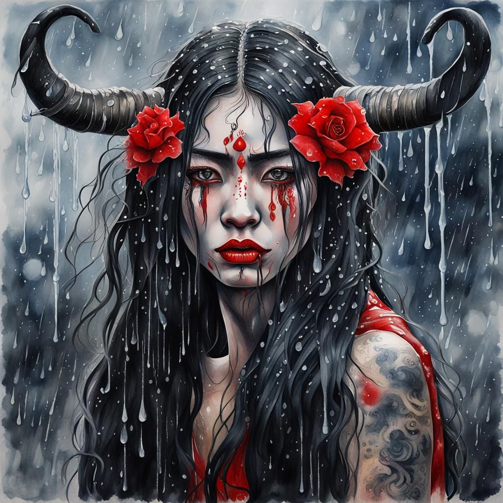 Crying Female Centaur in Rainy Watercolor Style