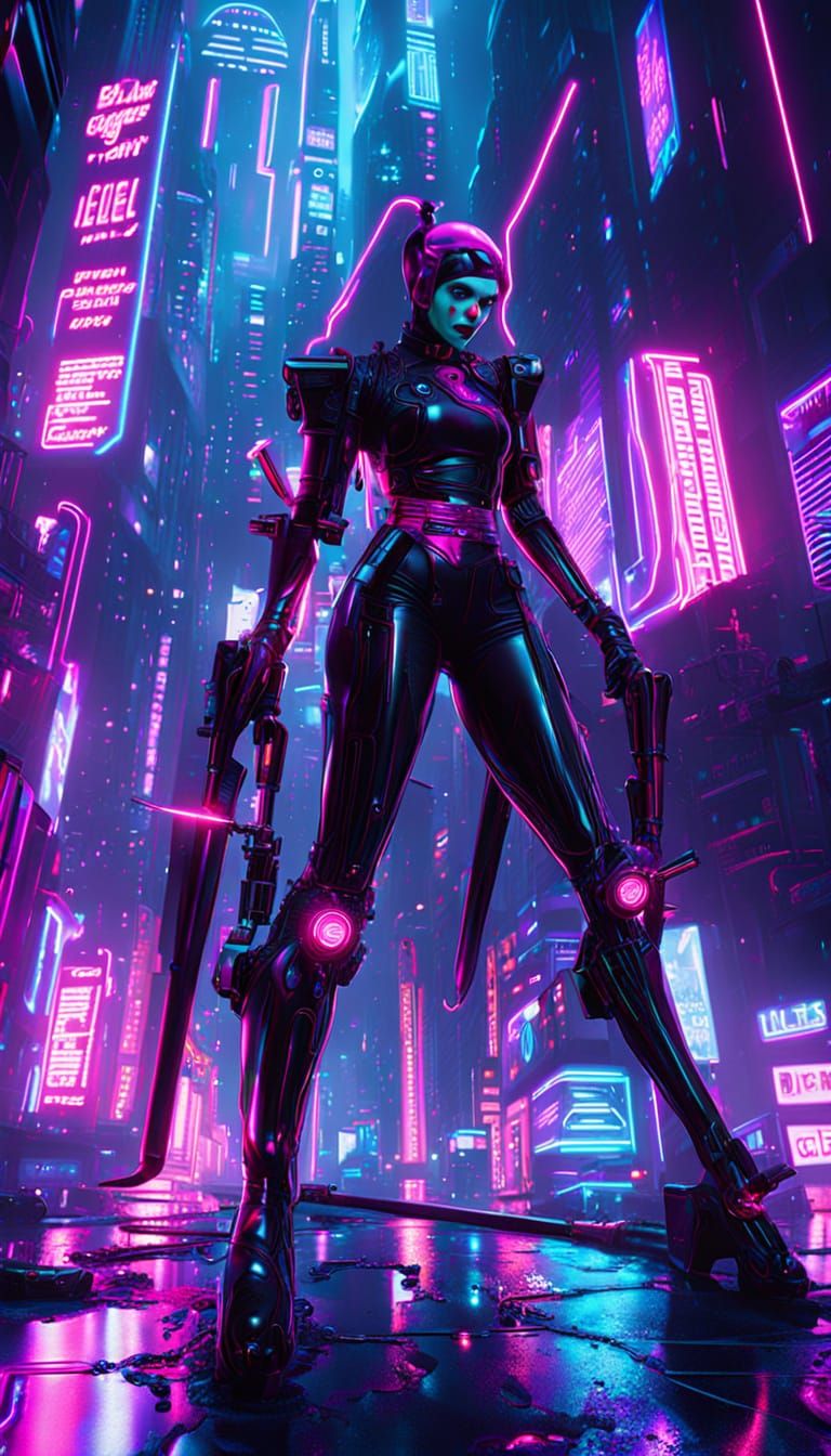 Cyberpunk Harley Quinn in Neon-Lit Streets