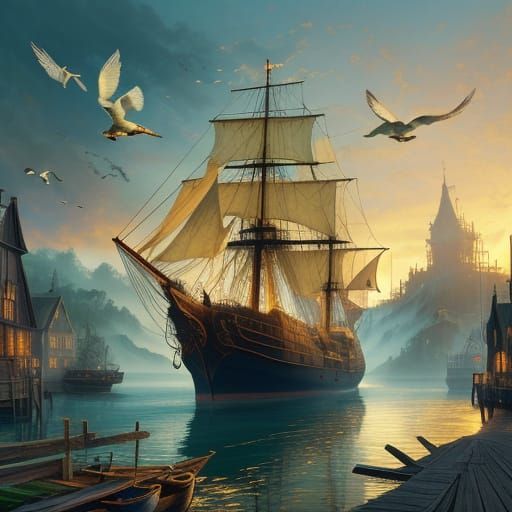 Majestic Galleon at Victorian Port in Golden Hour