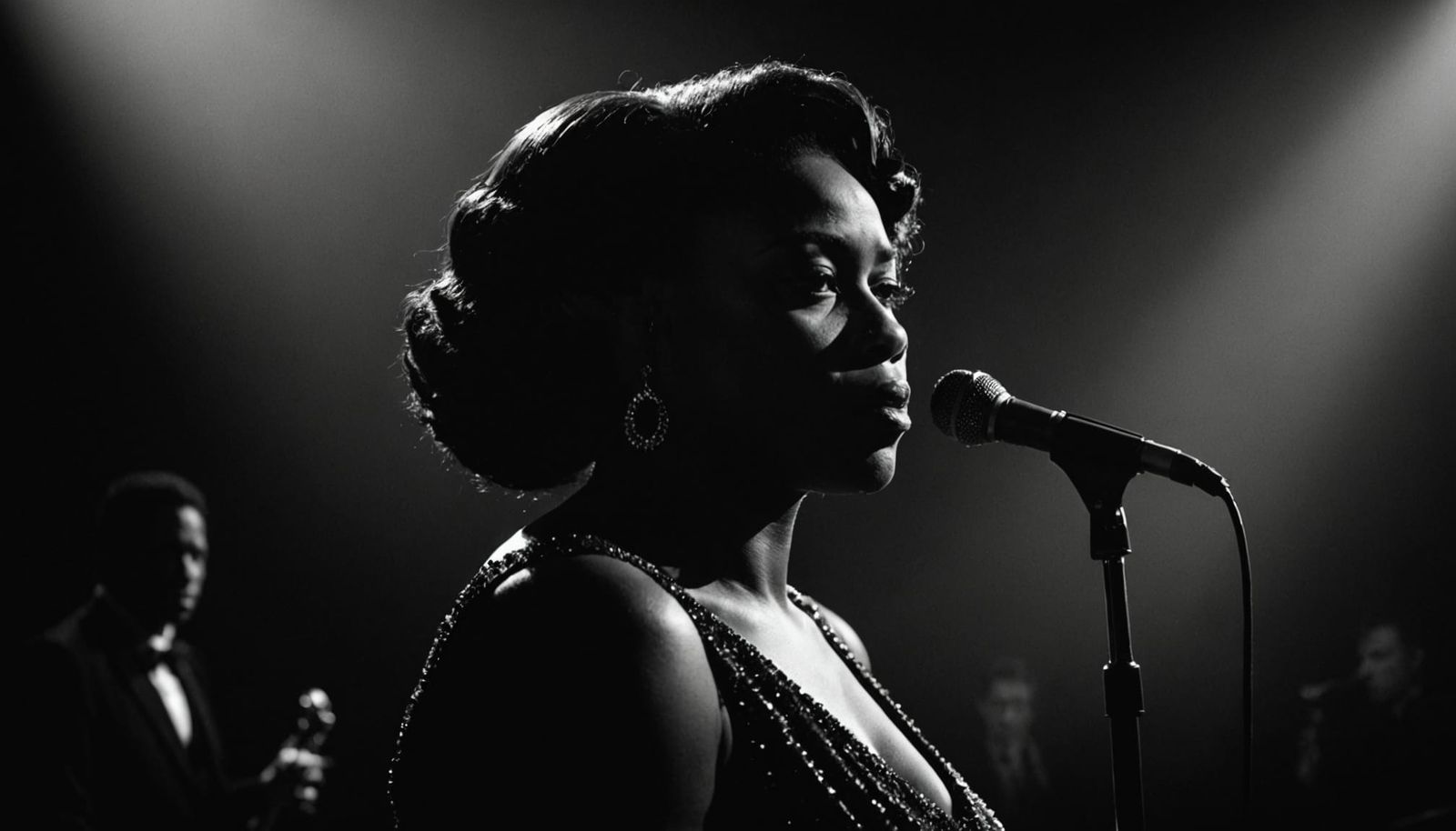 Melancholic Jazz Singer on Smoky Stage in Film Noir Style