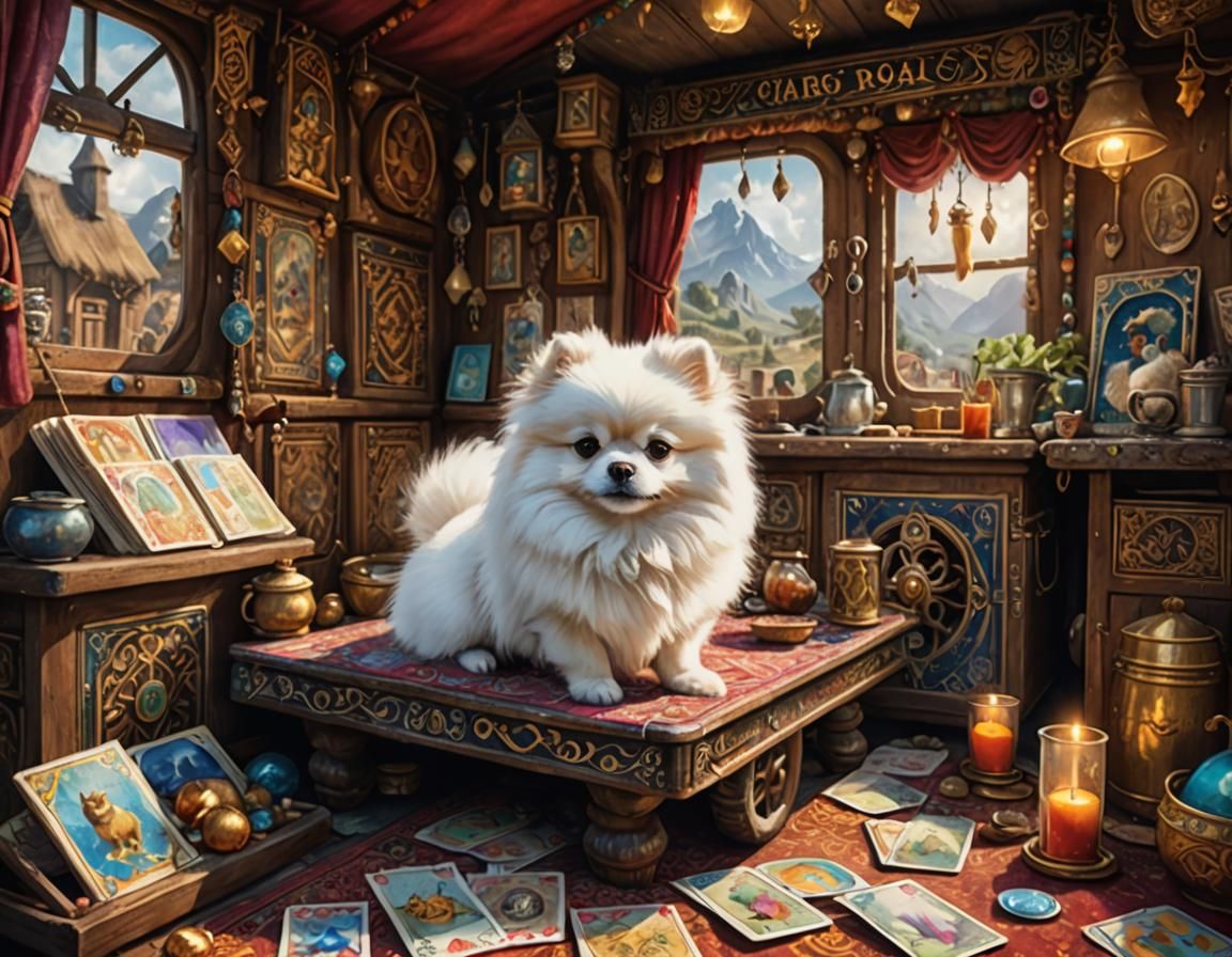 White Pomeranian with Tarot Cards in Watercolor Style