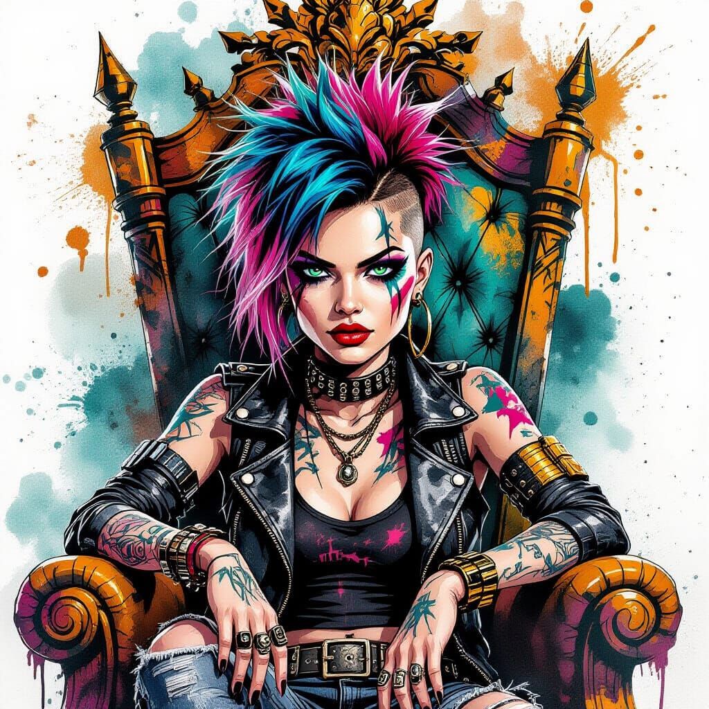 Punk Rebel on Graffiti Throne: Ink and Watercolor Art