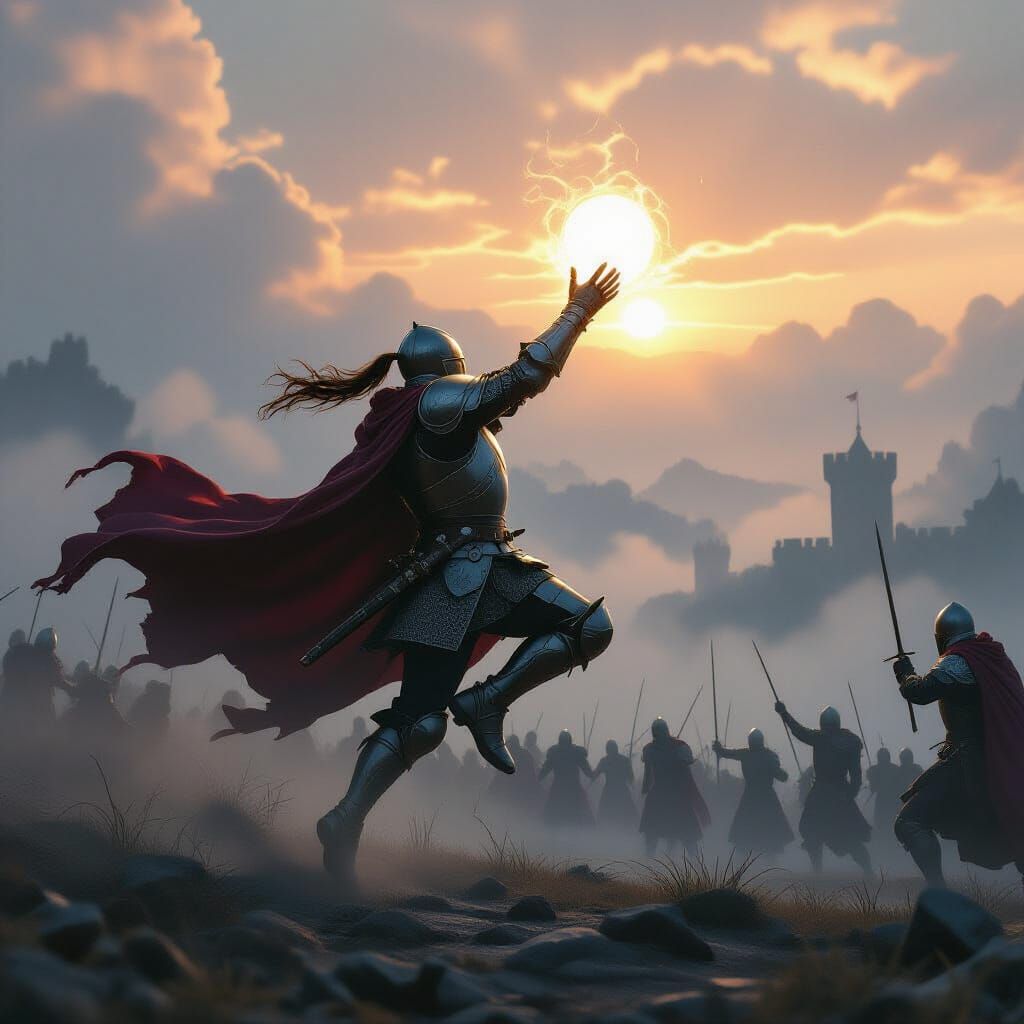 Knight Leaping for Orb on Misty Battlefield at Dawn
