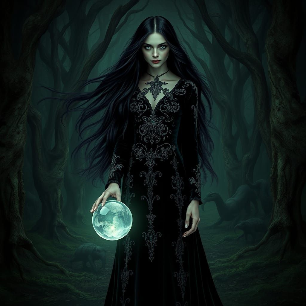 Gothic Woman in Enchanted Forest: Atmospheric Digital Art