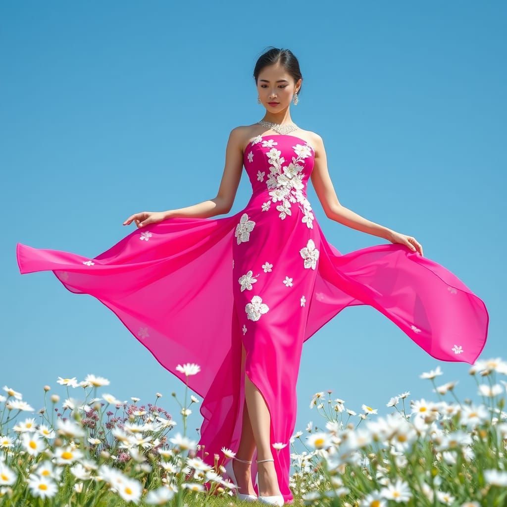 Elegant Chinese Woman in Pink Dress Among Daisies