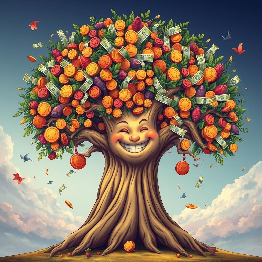 Whimsical Money Tree with Smiling Trunk, Vibrant Colors