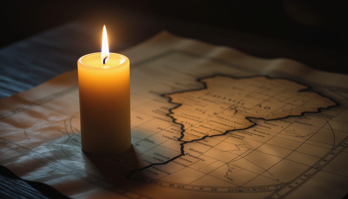 Golden Candle Illuminates Ancient Map in Darkness