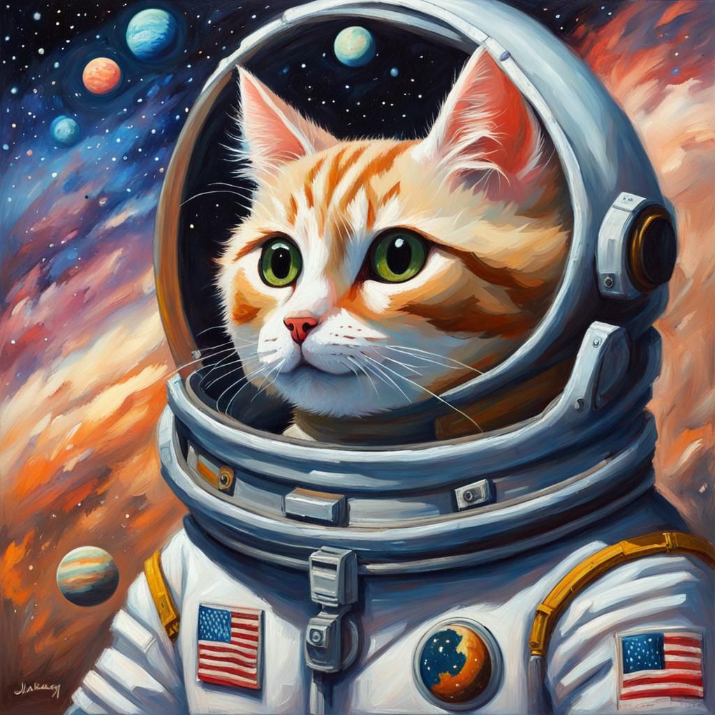Cute Space Kitten in Oil Painting Galaxy