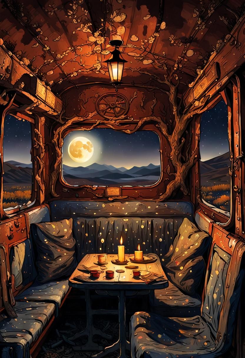 Old Man in Dilapidated Train Car by Candlelight