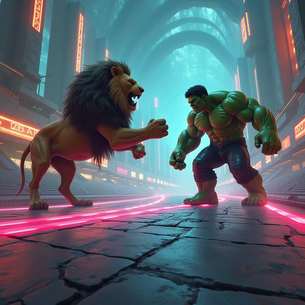 Lion and Hulk on a Futuristic Race Track