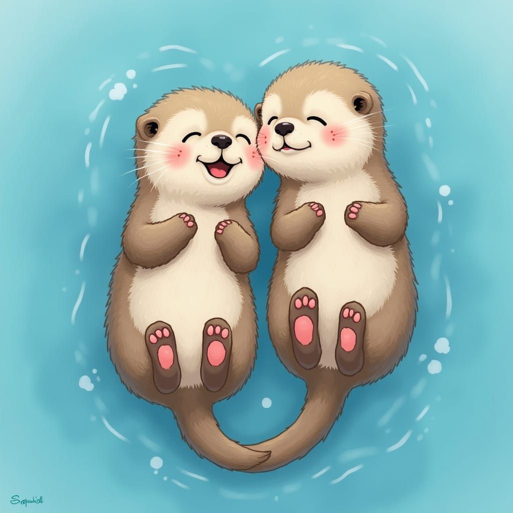 Whimsical Heart-Shaped Sea Otters in Serene Blue Waters