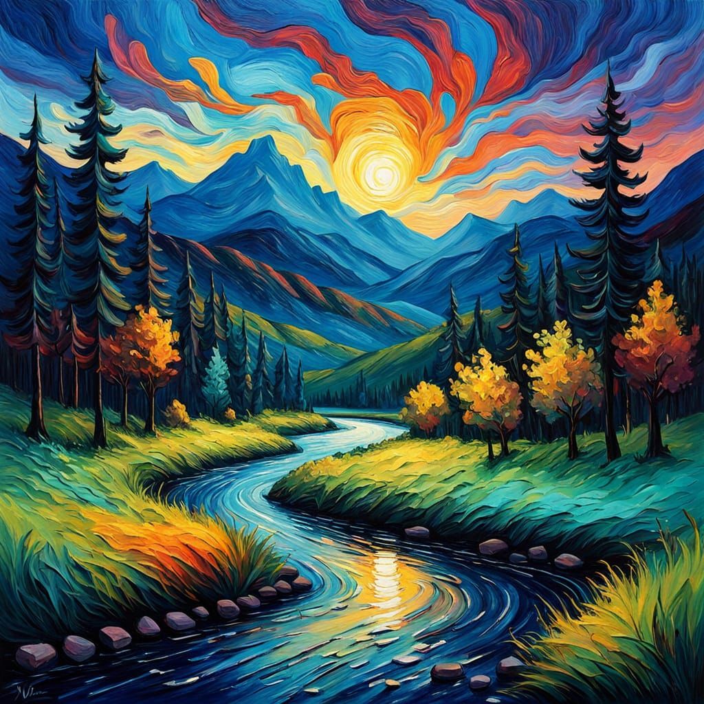 Impressionist Mountain Landscape at Dusk in Van Gogh Style