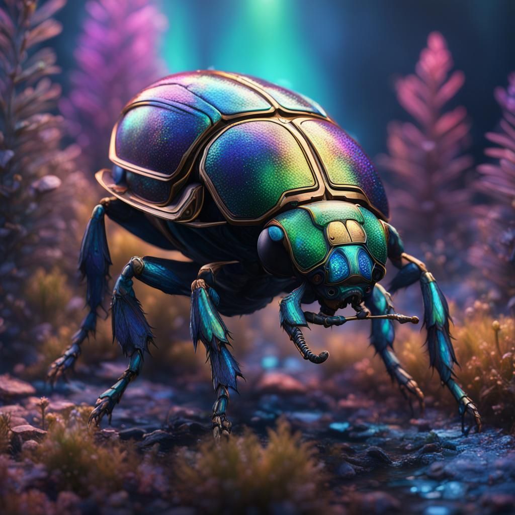 Iridescent Beetle in Detailed Matte Painting Style