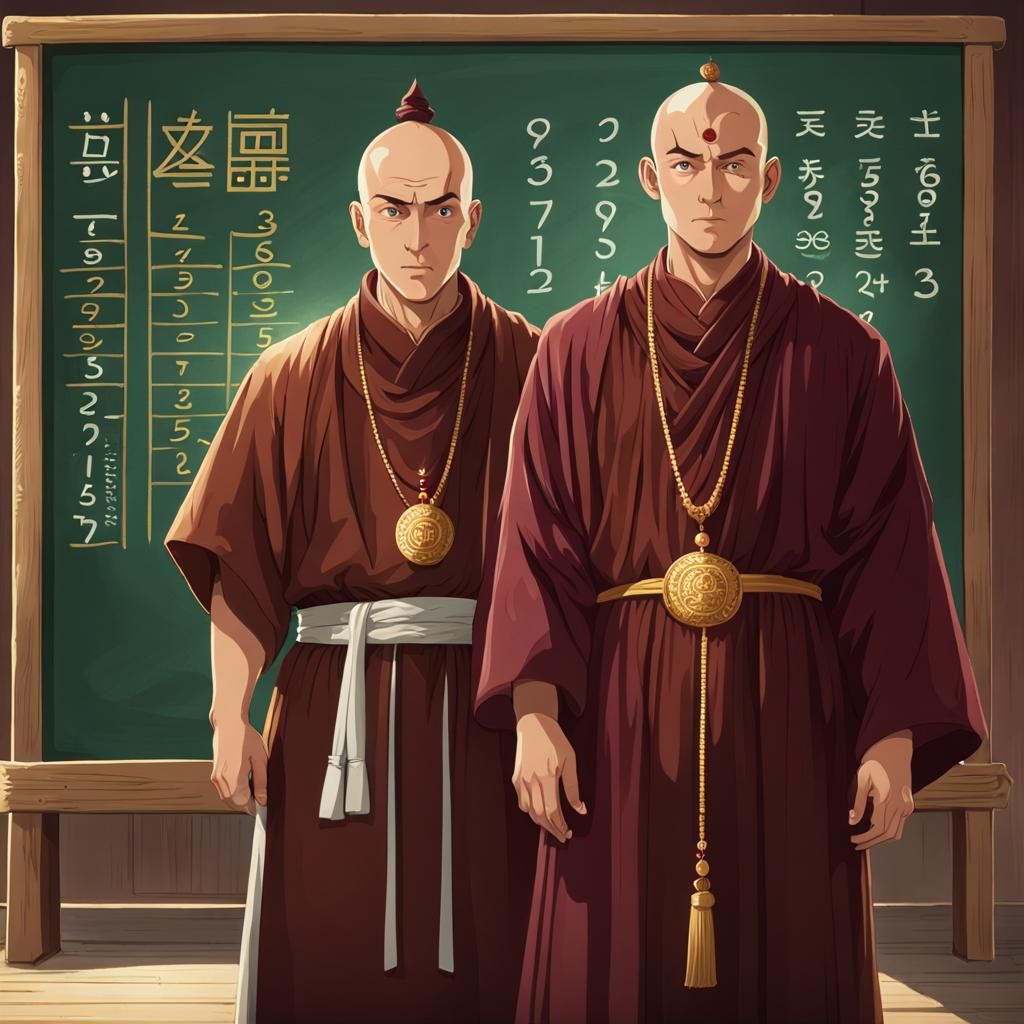 Monk and Man Before Chalkboard of Equations