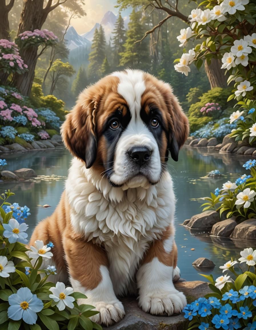 Fluffy Puppy Portrait in Whimsical Fantasy Forest