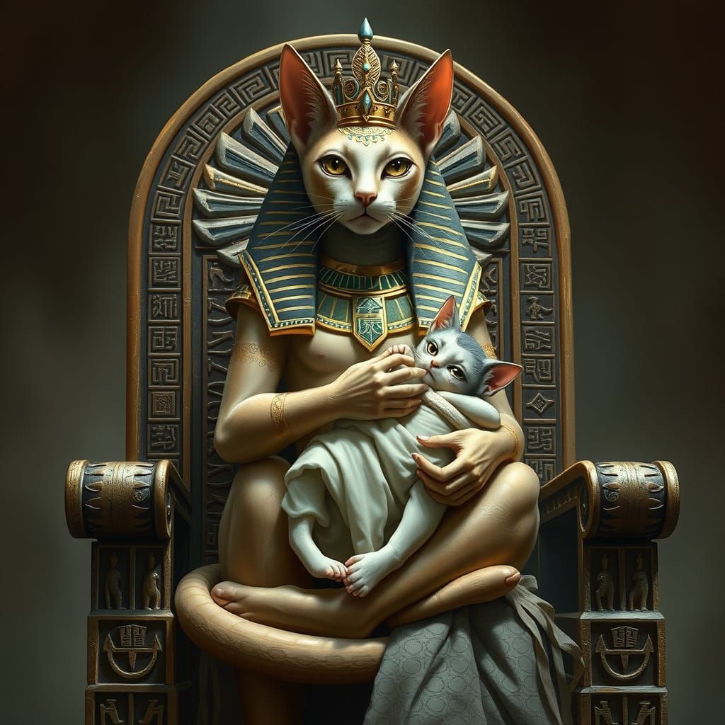 Ancient Egyptian Cat Goddess Sits Majestically on Throne