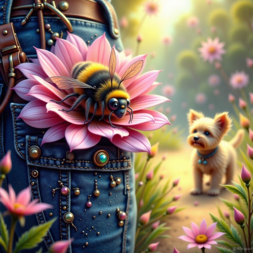 Cute Bumble Bee Napping in Denim Pocket, Storybook Style